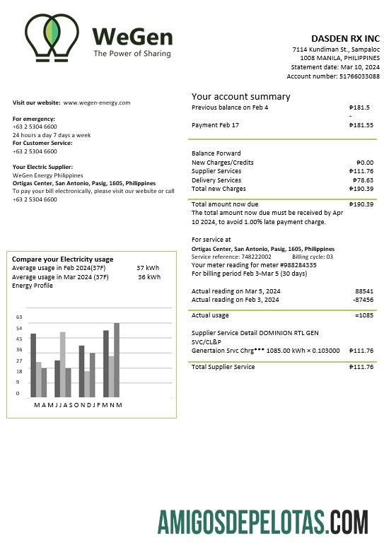 realista Filipinas WeGen Energy Filipinas Modelo de conta de serviços públicos comerciais em formatos Word e PDF